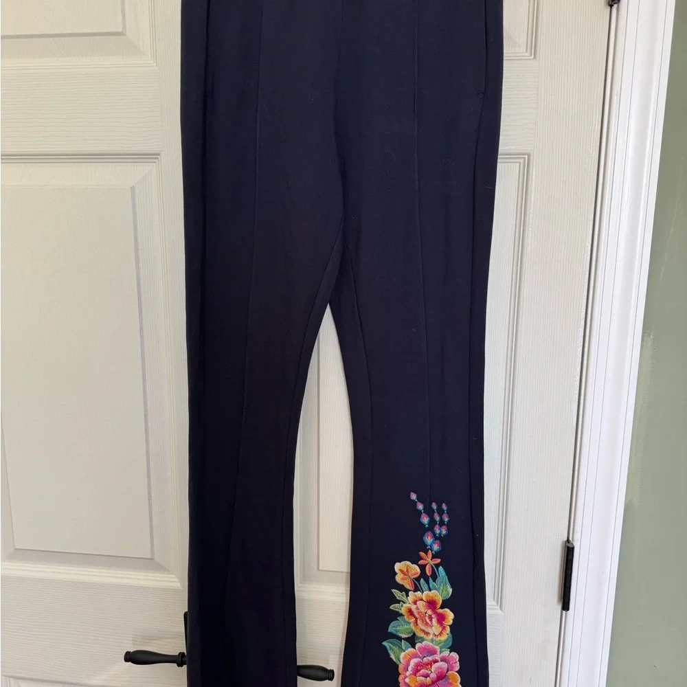 Johnny Was Black Straight-Leg Pants with Floral Embroidery